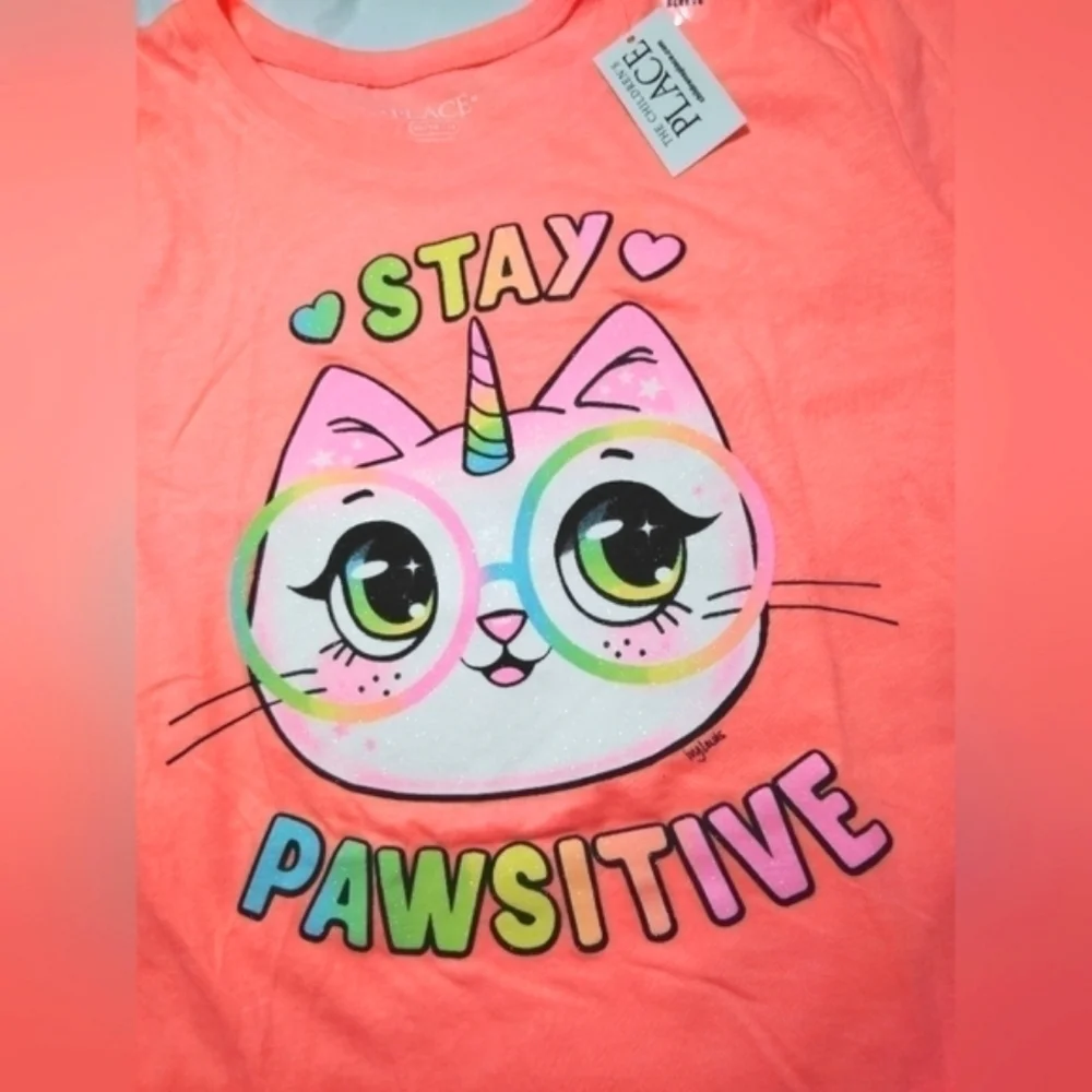 The Children's Place Rainbow Stay Pawsitive Kitty Short Sleeve Shirt- 14/16